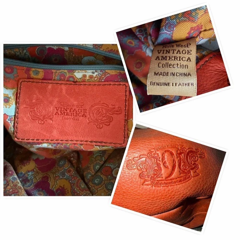 Nine West Vintage America Rust Leather Drawstring Shoulder Bag Floral Lining - Picture 3 of 16